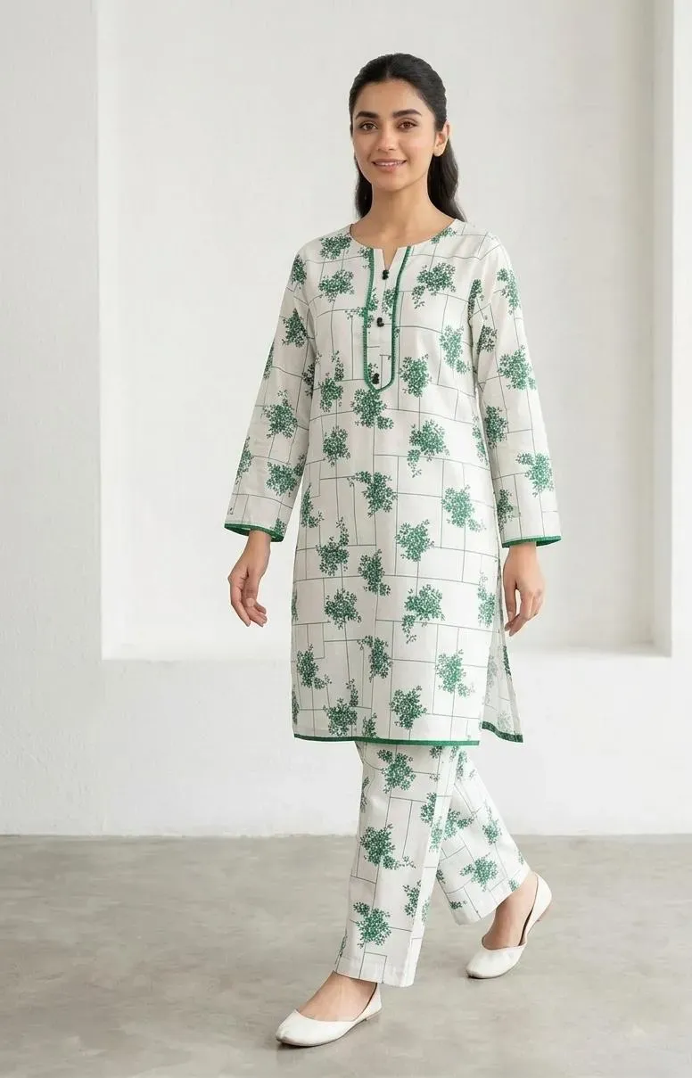 White Printed Arabic Lawn 2Pcs Kurta Set