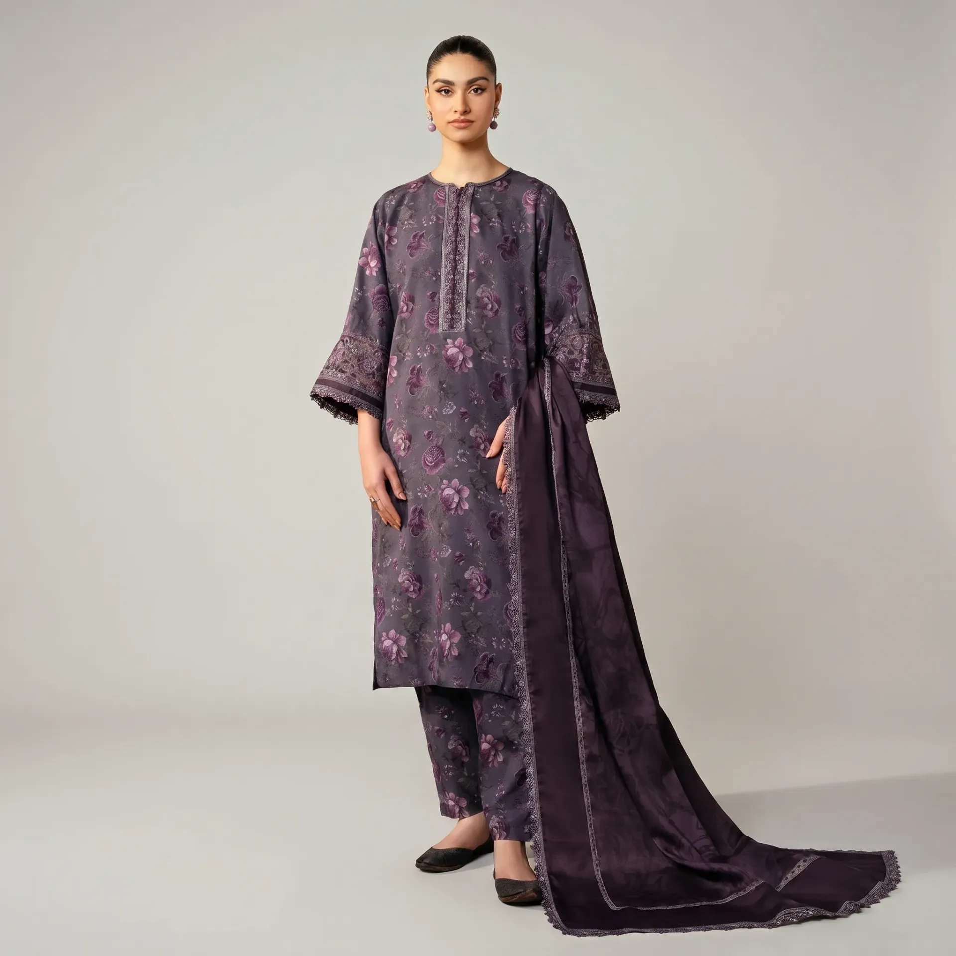 Purple Floral Lawn 3P Suit for Women